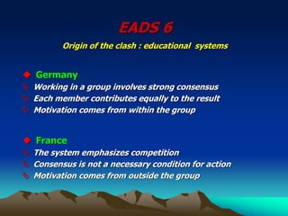 EADS 6
Origin of the clash : educational systems
◆ Germany
 Working in a group involves strong consensus
 Each member contributes equally to the result
 Motivation comes from within the group
◆ France
 The system emphasizes competition
 Consensus is not a necessary condition for action
 Motivation comes from outside the group
 