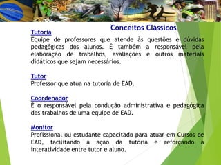 Conceitos Clássicos
Tutoria
Equipe de professores que atende às questões e dúvidas
pedagógicas dos alunos. É também a responsável pela
elaboração de trabalhos, avaliações e outros materiais
didáticos que sejam necessários.
Tutor
Professor que atua na tutoria de EAD.
Coordenador
É o responsável pela condução administrativa e pedagógica
dos trabalhos de uma equipe de EAD.
Monitor
Profissional ou estudante capacitado para atuar em Cursos de
EAD, facilitando a ação da tutoria e reforçando a
interatividade entre tutor e aluno.
 