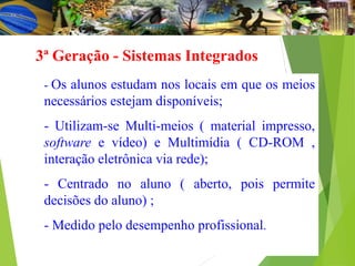 3ª Geração - Sistemas Integrados
- Os alunos estudam nos locais em que os meios
necessários estejam disponíveis;
- Utilizam-se Multi-meios ( material impresso,
software e vídeo) e Multimídia ( CD-ROM ,
interação eletrônica via rede);
- Centrado no aluno ( aberto, pois permite
decisões do aluno) ;
- Medido pelo desempenho profissional.
 