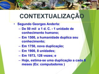 CONTEXTUALIZAÇÃO
• Segundo Georges Anderla:
– De 50 mil a 1 d. C. - 1 unidade de
conhecimento humano;
– Em 1500, a humanidade duplica seu
conhecimento;
– Em 1750, nova duplicação;
– Em 1900, 8 unidades;
– Em 1973, 128 vezes; e
– Hoje, estima-se uma duplicação a cada 8
meses (Ex: computadores )
 