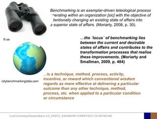 Benchmarking is an exemplar-driven teleological process
                                  operating within an organization [sic] with the objective of
                                  intentionally changing an existing state of affairs into
                                  a superior state of affairs. (Moriarty, 2008, p. 30).


 ifi.se                                                 …the ´locus´ of benchmarking lies
                                                        between the current and desirable
                                                        states of affairs and contributes to the
                                                        transformation processes that realise
                                                        these improvements. (Moriarty and
                                                        Smallman, 2009, p. 484)


                              ...is a technique, method, process, activity,
                              incentive, or reward which conventional wisdom
citybenchmarkingdata.com
                              regards as more effective at delivering a particular
                              outcome than any other technique, method,
                              process, etc. when applied to a particular condition
                              or circumstance



      Lund University/Ossiannilsson /LU_EADTU_ESKISEHIR;TURKEY2011/ CC BY-NC-ND
 