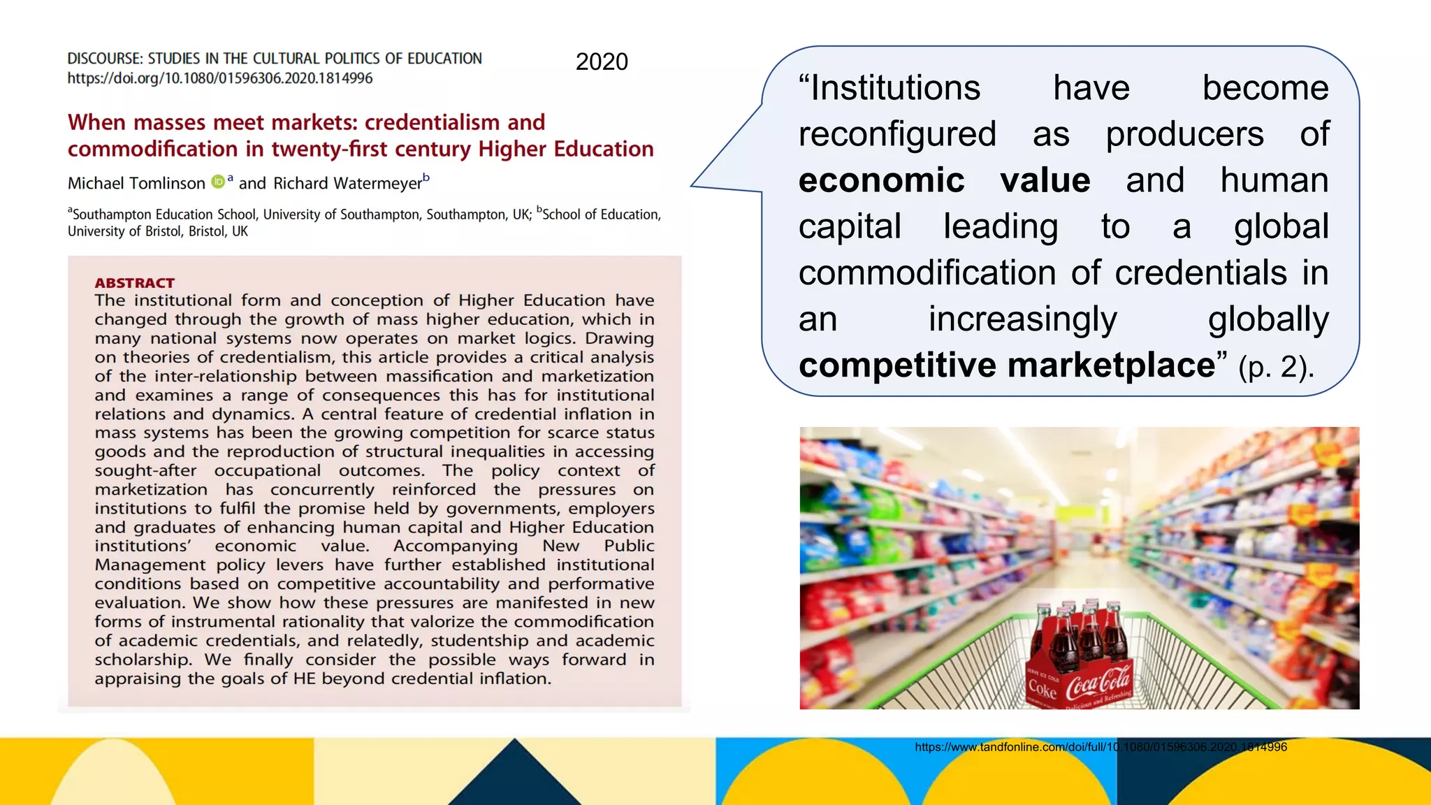 Photo by Bozhin Karaivanov on Unsplash
https://www.tandfonline.com/doi/full/10.1080/01596306.2020.1814996
“Institutions have become
reconfigured as producers of
economic value and human
capital leading to a global
commodification of credentials in
an increasingly globally
competitive marketplace” (p. 2).
2020
 