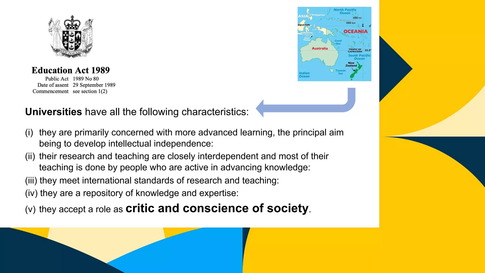 Universities have all the following characteristics:
(i) they are primarily concerned with more advanced learning, the principal aim
being to develop intellectual independence:
(ii) their research and teaching are closely interdependent and most of their
teaching is done by people who are active in advancing knowledge:
(iii) they meet international standards of research and teaching:
(iv) they are a repository of knowledge and expertise:
(v) they accept a role as critic and conscience of society.
 