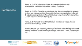 References
Boisot, M. (1995a) Information Space: A framework for learning in
organizations, institutions and culture. London: Routledge.
Boisot, M. (1995b) Preparing for turbulence: the changing relationship between
strategy and management development in the learning organization, in Barratt,
B. (ed), Developing Strategic Thought: Rediscovering the art of direction-giving.
London: McGraw Hill International (UK).
Hamel, G. & Prahalad, C. K. (1989) Strategic Intent (cover story). Harvard
Business Review, 67(3), 63-78.
Korosec, M. (2017) A case study of change facilitators for technology-enhanced
learning in relation to one university’s strategic intent. PhD Thesis, University of
Hull.
 