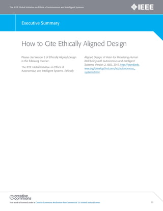 The IEEE Global Initiative on Ethics of Autonomous and Intelligent Systems
This work is licensed under a Creative Commons Attribution-NonCommercial 3.0 United States License. 13
Executive Summary
How to Cite Ethically Aligned Design
Please cite Version 2 of Ethically Aligned Design
in the following manner:
The IEEE Global Initiative on Ethics of
Autonomous and Intelligent Systems. Ethically
Aligned Design: A Vision for Prioritizing Human
Well-being with Autonomous and Intelligent
Systems, Version 2. IEEE, 2017. http://standards.
ieee.org/develop/indconn/ec/autonomous_
systems.html.
 