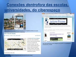 Conexões dentrofora das escolas,
universidades, do ciberespaço



http://1.bp.blogspot.com/-
RQcQd5594zU/TpUOhaFZ7lI/AAAAAAAAEjQ/KZn7IXjN8H0/s1600/comunica%
25C3%25A7%25C3%25A3o+cel+e+cidade.png




                                                                        http://leiturasdiversas-amfrc.blogspot.com.br/2011/11/mobilidade-e-
                                                                        processos-de_16.html




 http://culturadigital.br/cartografiacolaborativa/arte-fora-do-museu/
 