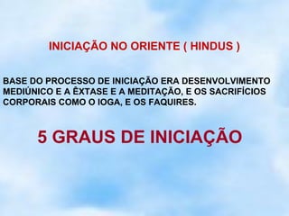 INICIAÇÃO NO ORIENTE ( HINDUS )


BASE DO PROCESSO DE INICIAÇÃO ERA DESENVOLVIMENTO
MEDIÚNICO E A ÊXTASE E A MEDITAÇÃO, E OS SACRIFÍCIOS
CORPORAIS COMO O IOGA, E OS FAQUIRES.



      5 GRAUS DE INICIAÇÃO
 