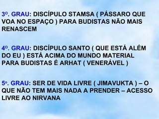 3O. GRAU: DISCÍPULO STAMSA ( PÁSSARO QUE
VOA NO ESPAÇO ) PARA BUDISTAS NÃO MAIS
RENASCEM


4O. GRAU: DISCÍPULO SANTO ( QUE ESTÁ ALÉM
DO EU ) ESTÁ ACIMA DO MUNDO MATERIAL
PARA BUDISTAS É ARHAT ( VENERÁVEL )


5o. GRAU: SER DE VIDA LIVRE ( JIMAVUKTA ) – O
QUE NÃO TEM MAIS NADA A PRENDER – ACESSO
LIVRE AO NIRVANA
 