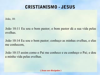 CRISTIANISMO - JESUS

João, 10:


João 10:11 Eu sou o bom pastor; o bom pastor dá a sua vida pelas
ovelhas.

João 10:14 Eu sou o bom pastor; conheço as minhas ovelhas, e elas
me conhecem,

João 10:15 assim como o Pai me conhece e eu conheço o Pai; e dou
a minha vida pelas ovelhas.



                         ( Jesus aos discípulos )
 