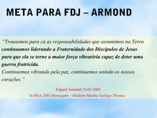 META PARA FDJ – ARMOND

“Trouxemos para cá as responsabilidades que assumimos na Terra
continuamos liderando a Fraternidade dos Discípulos de Jesus
para que ela se torne a maior força vibratória capaz de deter uma
guerra fratricida.
Continuemos vibrando pela paz, continuemos unindo os nossos
corações.”
                         Edgard Armond 13-03-2003
            In RGA 2003 Mensagem – Medium Martha Gallego Thomaz
 
