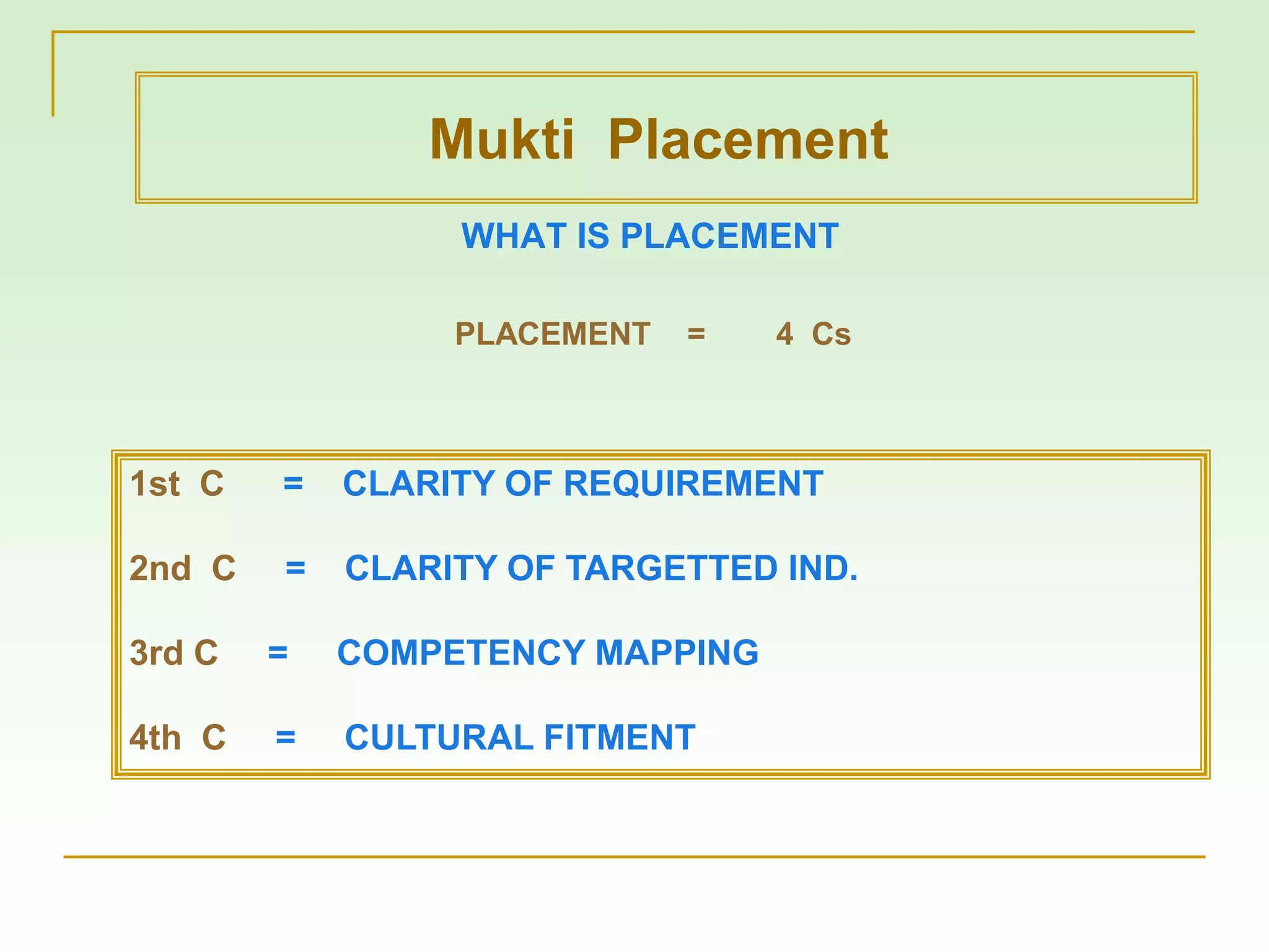 WHAT IS PLACEMENT
PLACEMENT = 4 Cs
1st C = CLARITY OF REQUIREMENT
2nd C = CLARITY OF TARGETTED IND.
3rd C = COMPETENCY MAPPING
4th C = CULTURAL FITMENT
Mukti Placement
 