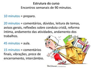 Estrutura do curso
Encontros semanais de 90 minutos.
10 minutos = preparo.
20 minutos = comentários, dúvidas, leitura de temas,
avisos gerais, reflexões sobre conduta cristã, reforma
íntima, andamento das atividades, andamento dos
trabalhos.
45 minutos = aula.
15 minutos = comentários
finais, vibrações, prece de
encerramento, intercâmbio.
 