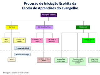 ESTUDO
LIVRO
TEXTO
LEITURAS EM
GERAL
AULA
REFORMA ÍNTIMA
CADERNO DE
TEMAS
CADERNETA
PESSOAL
EXERCÍCIO DE VIDA
PLENA
TRABALHO
VIBRAÇÃO DAS 22
HORAS
VIBRAÇÕES
COLETIVAS
CARAVANAS DE
EVANGELIZAÇÃO E
AUXÍLIO
FRENTES DE
TRABALHO
INICIAÇÃO ESPÍRITA
Prática Individual
Prática em Grupo
Processo de Iniciação Espírita da
Escola de Aprendizes do Evangelho
Fluxograma extraído da GEAE Genebra
 