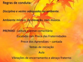 Regras de conduta:
Disciplina e vestes adequadas ao ambiente.
Ambiente místico, de elevação, com música.
PREPARO : Leitura e breve comentário
Escalada com Prece das Fraternidades
Prece dos Aprendizes – cantada
Temas de iniciação
Aula
Vibrações de encerramento e abraço fraterno
 