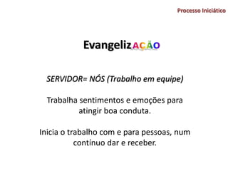 Evangeliz
Processo Iniciático
SERVIDOR= NÓS (Trabalho em equipe)
Trabalha sentimentos e emoções para
atingir boa conduta.
Inicia o trabalho com e para pessoas, num
contínuo dar e receber.
 