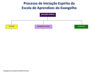 ESTUDO
LIVRO
TEXTO
LEITURAS EM
GERAL
AULA
REFORMA ÍNTIMA
CADERNO DE
TEMAS
CADERNETA
PESSOAL
EXERCÍCIO DE VIDA
PLENA
TRABALHO
VIBRAÇÃO DAS 22
HORAS
VIBRAÇÕES
COLETIVAS
CARAVANAS DE
EVANGELIZAÇÃO E
AUXÍLIO
FRENTES DE
TRABALHO
INICIAÇÃO ESPÍRITA
Prática Individual
Prática em Grupo
Processo de Iniciação Espírita da
Escola de Aprendizes do Evangelho
Fluxograma extraído da GEAE Genebra
 
