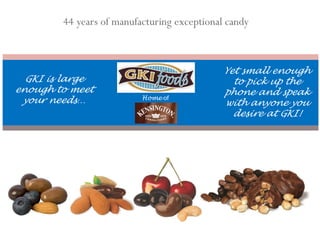 44 years of manufacturing exceptional candy
GKI is large
enough to meet
your needs…
Yet small enough
to pick up the
phone and speak
with anyone you
desire at GKI!
Home of
 