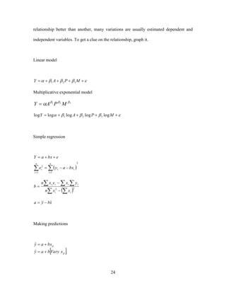 24
relationship better than another, many variations are usually estimated dependent and
independent variables. To get a clue on the relationship, graph it.
Linear model
  MPAY 321
Multiplicative exponential model
321 
 MPAY 
  MPAY logloglogloglog 321
Simple regression
   


n
i
n
i
ii bxaye
ebxaY
1
2
1
1
2
  
 


 22
ii
iiii
xxn
yxyxn
b
xbya 
Making predictions
 p
p
xVarybay
bxay


ˆ
ˆ
 