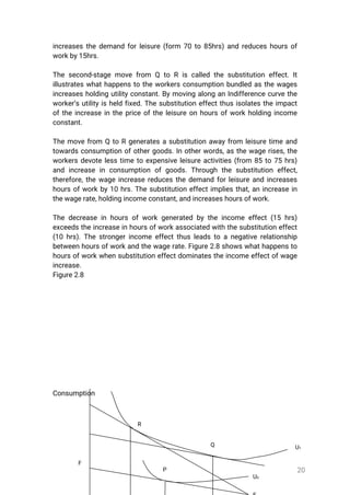 20
increasesthedemandforleisure(form 70to85hrs)andreduceshoursof
workby15hrs.
Thesecond-stagemovefrom Q toR iscalledthesubstitutioneffect.It
illustrateswhathappenstotheworkersconsumptionbundledasthewages
increasesholdingutilityconstant.BymovingalonganIndifferencecurvethe
worker’sutilityisheldfixed.Thesubstitutioneffectthusisolatestheimpact
oftheincreaseinthepriceoftheleisureonhoursofworkholdingincome
constant.
Themovefrom QtoRgeneratesasubstitutionawayfrom leisuretimeand
towardsconsumptionofothergoods.Inotherwords,asthewagerises,the
workersdevotelesstimetoexpensiveleisureactivities(from 85to75hrs)
and increaseinconsumptionofgoods.Throughthesubstitutioneffect,
therefore,thewageincreasereducesthedemandforleisureandincreases
hoursofworkby10hrs.Thesubstitutioneffectimpliesthat,anincreasein
thewagerate,holdingincomeconstant,andincreaseshoursofwork.
Thedecreaseinhoursofworkgeneratedbytheincomeeffect(15hrs)
exceedstheincreaseinhoursofworkassociatedwiththesubstitutioneffect
(10hrs).Thestrongerincomeeffectthusleadstoanegativerelationship
betweenhoursofworkandthewagerate.Figure2.8showswhathappensto
hoursofworkwhensubstitutioneffectdominatestheincomeeffectofwage
increase.
Figure2.8
Consumption
F
U1
R
Q
U0
P
 