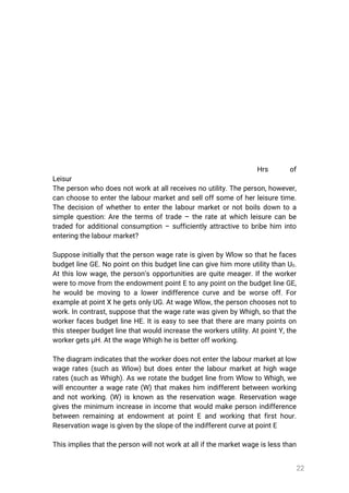 22
Hrs of
Leisur
Thepersonwhodoesnotworkatallreceivesnoutility.Theperson,however,
canchoosetoenterthelabourmarketandselloffsomeofherleisuretime.
Thedecisionofwhethertoenterthelabourmarketornotboilsdowntoa
simplequestion:Arethetermsoftrade–therateatwhichleisurecanbe
tradedforadditionalconsumption–sufficientlyattractivetobribehim into
enteringthelabourmarket?
SupposeinitiallythatthepersonwagerateisgivenbyWlowsothathefaces
budgetlineGE.Nopointonthisbudgetlinecangivehim moreutilitythanU0.
Atthislowwage,theperson’sopportunitiesarequitemeager.Iftheworker
weretomovefrom theendowmentpointEtoanypointonthebudgetlineGE,
hewouldbemovingtoalowerindifferencecurveandbeworseoff.For
exampleatpointXhegetsonlyUG.AtwageWlow,thepersonchoosesnotto
work.Incontrast,supposethatthewageratewasgivenbyWhigh,sothatthe
workerfacesbudgetlineHE.Itiseasytoseethattherearemanypointson
thissteeperbudgetlinethatwouldincreasetheworkersutility.AtpointY,the
workergetsμH.AtthewageWhighheisbetteroffworking.
Thediagramindicatesthattheworkerdoesnotenterthelabourmarketatlow
wagerates(suchasWlow)butdoesenterthelabourmarketathighwage
rates(suchasWhigh).Aswerotatethebudgetlinefrom WlowtoWhigh,we
willencounterawagerate(W)thatmakeshim indifferentbetweenworking
andnotworking.(W)isknownasthereservationwage.Reservationwage
givestheminimum increaseinincomethatwouldmakepersonindifference
betweenremainingatendowmentatpointEandworkingthatfirsthour.
ReservationwageisgivenbytheslopeoftheindifferentcurveatpointE
Thisimpliesthatthepersonwillnotworkatallifthemarketwageislessthan
 