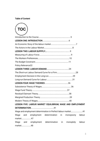 3
TableofContent
IntroductiontotheCourse……………………………………………………………..5
LESSONONE:INTRODUCTION………………………………………………....6
AnEconomicStoryofthelabourmarket………………………………………….......7
TheActorsintheLabourMarket……………………………………………………...8
LESSONTWO:LABOURSUPPPLY……………………………………...……...9
MeasuringofLabourForce……………………………………………………..……..9
TheWorkersPreferences…………………………………………………………….10
TheBudgetConstraint………………………………………………………………..11
PolicyRelevance22
LESSONTHREE:LABOURDEMAND………………………………….………24
TheShort-runLabourDemandCurveforaFirm……………………………………28
EmploymentDecisionintheLong-run………………………………………………29
Long-runDemandCurveforLabour………………………………………………...31
LESSONFOUR:WAGETHEORIES…………………………………………….36
SubsistenceTheoryofWages………………………………………………………..36
WageFundTheory…………………………………………………………………...37
ResidualClaimantTheory……………………………………………………………38
MarginalProductionTheory…………………………………………………………39
ModernTheoryofWages…………………………………………………………….40
LESSON FIVE:LABOURMARKETEQUILIBRIUM;WAGEANDEMPLOYMENT
DETERMINATION……………………………………………41
WageandemploymentdeterminationinPerfectlabourmarket……………………..41
Wage and employment determination in monopsony labour
market………………...47
Wage and employment determination in monoploly labour
market…………………48
 