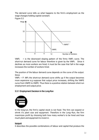 32
Thedemandcurvetellsuswhathappenstothefirm’semploymentasthe
wagechangesholdingcapitalconstant.
Figure3.2
VMPE =isthedownwardslopingpatternofthefirmsVMPE curve.The
short-rundemandcurveforlabourthereforeisgivenbytheVMPE. Sinceit
declinesasmoreworkersarehired,itmustbethecasethatfallinthewage
increasesthenumberofworkershired.
Thepositionofthelabourdemandcurvedependsonthecurveoftheoutput.
Since
VMPE =P.MPEtheshort-rundemandcurveshiftsupiftheoutputbecomes
moreexpensivee.gsupposethatoutputpriceincreases,shiftingtheVMPE
curvefromVMPEtoVMPE.Thusthereisapositiverelationbetweenshort-run
employmentandoutputprice.
3.3.1EmploymentDecisionintheLong-Run
Inthelong-run,thefirm’scapitalstockisnotfixed.Thefirm canexpandor
shrinkit’splantsizeandequipment.ThereforeintheLong–Run,thefirm
maximizesprofitbychoosingbothhowmanyworker’stobehiredandhow
muchplantandequipmenttoinvestin.
Isoqunt
Itdescribesthepossiblecombinationsoflabourandcapitalthatproducethe
NumberofWorkers
VMPE’’’
’’
VMPE
1298
18
22
Wage
 