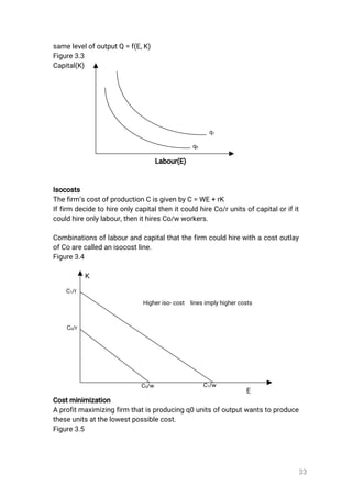33
samelevelofoutputQ=f(E,K)
Figure3.3
Capital(K)
Labour(E)
Isocosts
Thefirm’scostofproductionCisgivenbyC=WE+rK
Iffirm decidetohireonlycapitalthenitcouldhireCo/runitsofcapitalorifit
couldhireonlylabour,thenithiresCo/wworkers.
Combinationsoflabourandcapitalthatthefirm couldhirewithacostoutlay
ofCoarecalledanisocostline.
Figure3.4
K
E
Costminimization
Aprofitmaximizingfirmthatisproducingq0unitsofoutputwantstoproduce
theseunitsatthelowestpossiblecost.
Figure3.5
q0
q1
C1/wC0/w
C0/r
C1/r
Higheriso-cost linesimplyhighercosts
 