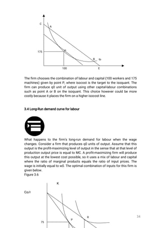 34
Thefirmchoosesthecombinationoflabourandcapital(100workersand175
machines)givenbypointP,whereisocostisthetargettotheisoquant.The
firm canproduceq0unitofoutputusingothercapital-labourcombinations
suchaspointAorBontheisoquant.Thischoicehowevercouldbemore
costlybecauseitplacesthefirmonahigherisocostline.
3.4Long-Rundemandcurveforlabour
Whathappenstothefirm’slong-rundemandforlabourwhenthewage
changes.Considerafirm thatproducesq0unitsofoutput.Assumethatthis
outputistheprofit-maximizinglevelofoutputinthesensethatatthatlevelof
productionoutputpriceisequaltoMC.Aprofit-maximizingfirm willproduce
thisoutputatthelowestcostpossible,soitusesamixoflabourandcapital
wheretheratioofmarginalproductsequalstheratioofinputprices.The
wageisinitiallyequaltow0.Theoptimalcombinationofinputsforthisfirmis
givenbelow.
Figure3.6
K
Co/r
q0B
P
A
E100
175
C
75
R
P
 