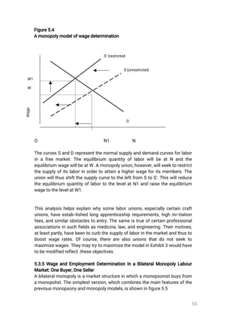 53
Figure5.4
Amonopolymodelofwagedetermination
O N1 N
ThecurvesSandDrepresentthenormalsupplyanddemandcurvesforlabor
inafreemarket.Theequilibrium quantityoflaborwillbeatN andthe
equilibriumwagewillbeatW.Amonopolyunion,however,willseektorestrict
thesupplyofitslaborinordertoattainahigherwageforitsmembers.The
unionwillthusshiftthesupplycurvetotheleftfrom StoS'.Thiswillreduce
theequilibrium quantityoflabortothelevelatN1andraisetheequilibrium
wagetothelevelatW1.
Thisanalysishelpsexplainwhysomelaborunions,especiallycertaincraft
unions,haveestab¬lishedlongapprenticeshiprequirements,highini¬tiation
fees,andsimilarobstaclestoentry.Thesameistrueofcertainprofessional
associationsinsuchfieldsasmedicine,law,andengineering.Theirmotives,
atleastpartly,havebeentocurbthesupplyoflaborinthemarketandthusto
boostwagerates.Ofcourse,therearealsounionsthatdonotseekto
maximizewages.TheymaytrytomaximizethemodelinExhibit3wouldhave
tobemodifiedreflect.theseobjectives.
5.3.5WageandEmploymentDeterminationInaBilateralMonopolyLabour
Market:OneBuyer,OneSeller
Abilateralmonopolyisamarketstructureinwhichamonopsonistbuysfrom
amonopolist.Thesimplestversion,whichcombinesthemainfeaturesofthe
previousmonopsonyandmonopolymodels,isshowninfigure5.5
Wage
W1
W
S’(restricted
supply)
S(unrestricted
supply)
D
 
