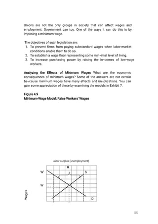 55
Unionsarenottheonlygroupsinsocietythatcanaffectwagesand
employment.Governmentcantoo.Oneofthewaysitcandothisisby
imposingaminimumwage.
Theobjectivesofsuchlegislationare:
1.Topreventfirmsfrom payingsubstandardwageswhenlabor-market
conditionsenablethemtodoso.
2.Toestablishawagefloorrepresentingsomemin¬imallevelofliving.
3.Toincreasepurchasingpowerbyraisingthein¬comesoflow-wage
workers.
Analyzing the Effects ofMinimum Wages Whatare the economic
consequencesofminimum wages?Someoftheanswersarenotcertain
be¬causeminimum wageshavemanyeffectsandim¬plications.Youcan
gainsomeappreciationofthesebyexaminingthemodelsinExhibit7.
Figure4.9
Minimum-WageModel:RaiseWorkers'Wages
Wages
W’ S
W
D
Laborsurplus(unemployment)
 