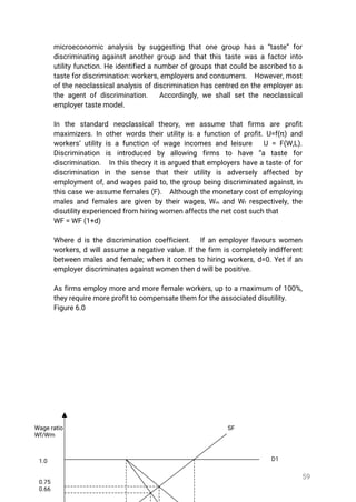 59
microeconomicanalysisbysuggestingthatonegrouphasa“taste”for
discriminatingagainstanothergroupandthatthistastewasafactorinto
utilityfunction.Heidentifiedanumberofgroupsthatcouldbeascribedtoa
tastefordiscrimination:workers,employersandconsumers. However,most
oftheneoclassicalanalysisofdiscriminationhascentredontheemployeras
theagentofdiscrimination. Accordingly,weshallsettheneoclassical
employertastemodel.
In the standard neoclassicaltheory,we assume thatfirms are profit
maximizers.Inotherwordstheirutilityisafunctionofprofit.U=f(π)and
workers’utilityisafunctionofwageincomesandleisure U =F(W,L).
Discrimination is introduced by allowing firms to have “a taste for
discrimination. Inthistheoryitisarguedthatemployershaveatasteoffor
discrimination in the sense thattheirutility is adversely affected by
employmentof,andwagespaidto,thegroupbeingdiscriminatedagainst,in
thiscaseweassumefemales(F). Althoughthemonetarycostofemploying
malesandfemalesaregivenbytheirwages,Wm andWfrespectively,the
disutilityexperiencedfromhiringwomenaffectsthenetcostsuchthat
WF=WF(1+d)
Wheredisthediscriminationcoefficient. Ifanemployerfavourswomen
workers,dwillassumeanegativevalue.Ifthefirm iscompletelyindifferent
betweenmalesandfemale;whenitcomestohiringworkers,d=0.Yetifan
employerdiscriminatesagainstwomenthendwillbepositive.
Asfirmsemploymoreandmorefemaleworkers,uptoamaximum of100%,
theyrequiremoreprofittocompensatethemfortheassociateddisutility.
Figure6.0
D1
SF
1.0
0.75
0.66
Wageratio
Wf/Wm
 