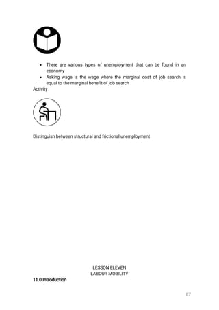 87
 Therearevarioustypesofunemploymentthatcanbefoundinan
economy
 Askingwageisthewagewherethemarginalcostofjobsearchis
equaltothemarginalbenefitofjobsearch
Activity
Distinguishbetweenstructuralandfrictionalunemployment
LESSONELEVEN
LABOURMOBILITY
11.0Introduction
 