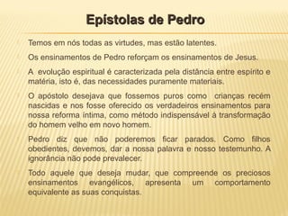  Temos em nós todas as virtudes, mas estão latentes.
 Os ensinamentos de Pedro reforçam os ensinamentos de Jesus.
 A evolução espiritual é caracterizada pela distância entre espírito e
matéria, isto é, das necessidades puramente materiais.
 O apóstolo desejava que fossemos puros como crianças recém
nascidas e nos fosse oferecido os verdadeiros ensinamentos para
nossa reforma íntima, como método indispensável à transformação
do homem velho em novo homem.
 Pedro diz que não poderemos ficar parados. Como filhos
obedientes, devemos, dar a nossa palavra e nosso testemunho. A
ignorância não pode prevalecer.
 Todo aquele que deseja mudar, que compreende os preciosos
ensinamentos evangélicos, apresenta um comportamento
equivalente as suas conquistas.
Epístolas de PedroEpístolas de Pedro
 