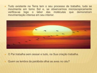  Tudo existente na Terra tem o seu processo de trabalho, tudo se
movimenta em torno Sol e, se observarmos microscopicamente
verifica-se logo o labor das moléculas que demonstram
movimentação intensa em seu interior.
 O Pai trabalha sem cessar e tudo, na Sua criação trabalha.
 Quem se lembra da parábola olhai as aves no céu?
 