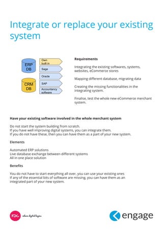 Integrate or replace your existing
system
CRM
DB
ERP
DB
Own
built in
Sage
Oracle
SAP
Accountancy
software
Requirements
Integrating the existing softwares, systems,
websites, eCommerce stores
Mapping different database, migrating data
Creating the missing functionalities in the
integrating system.
Finalise, test the whole new eCommerce merchant
system.
Have your existing software involved in the whole merchant system
Do not start the system building from scratch.
If you have well improving digital systems, you can integrate them.
If you do not have these, then you can have them as a part of your new system.
Elements
Automated ERP solutions
Live database exchange between different systems
All in one place solution
Benefits
You do not have to start everything all over, you can use your existing ones
If any of the essential bits of software are missing, you can have them as an
integrated part of your new system.
 
