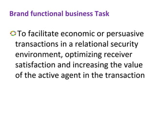 Brand functional business Task
To facilitate economic or persuasive
transactions in a relational security
environment, optimizing receiver
satisfaction and increasing the value
of the active agent in the transaction
 
