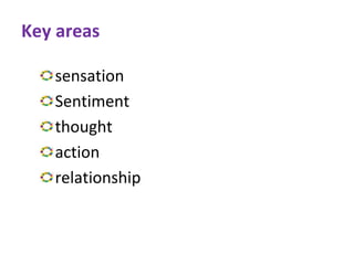 Key areas
sensation
Sentiment
thought
action
relationship
 
