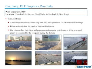 Case Study: DLF Properties, Pan- India
 Business Model:
 Azure Power has entered into a long-term PPA with prominent DLF Commercial Buildings.
 Plants are installed on the roofs of these establishments
 Our plants reduce their diesel and gas consumption during peak hours, as all the generated
energy is consumed by the occupants during the daytime
Plant Capacity: 1.8 MW
Locations : Uttar Pradesh, Haryana, Tamil Nadu, Andhra Pradesh, West Bengal
 