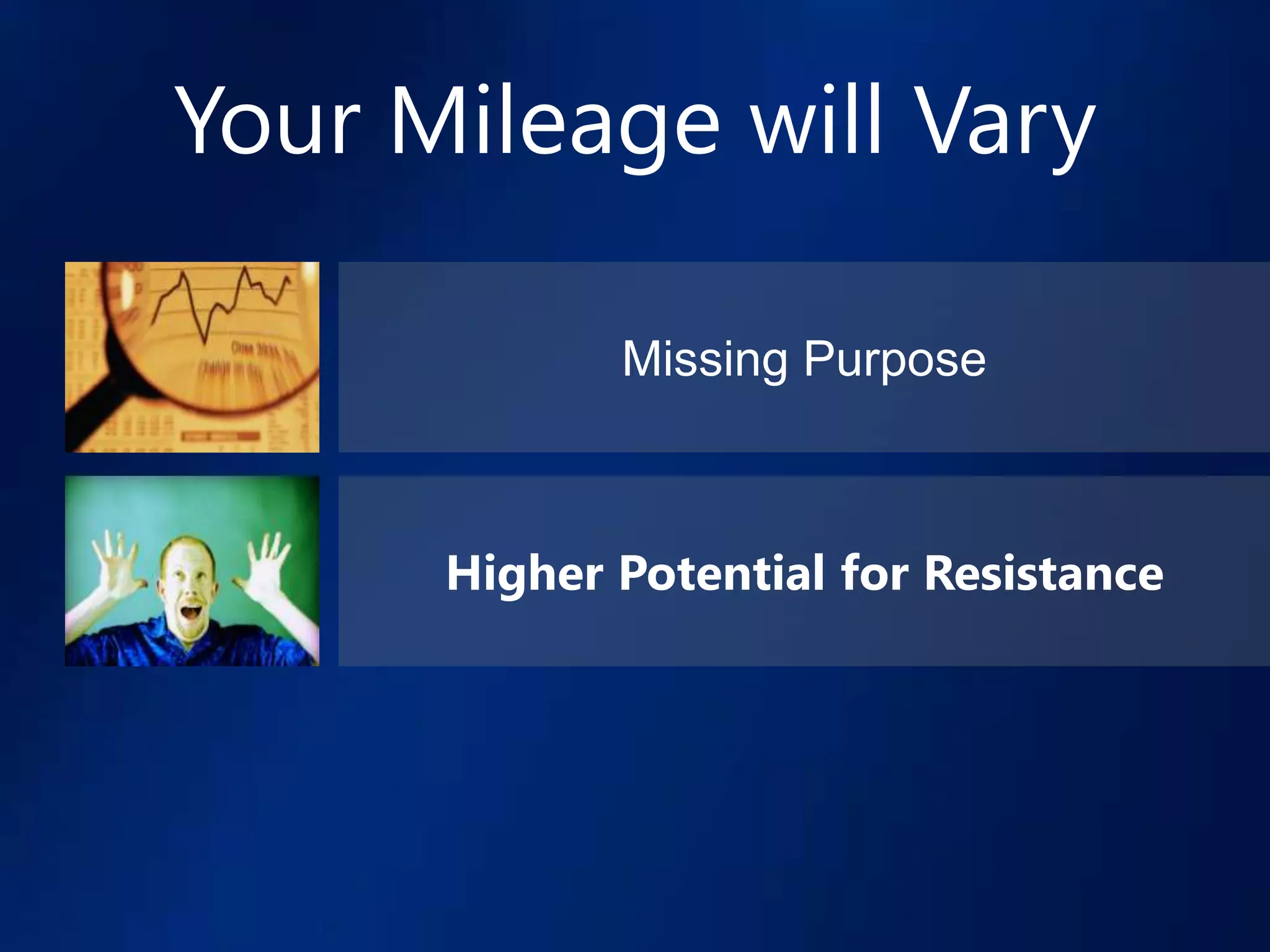 Your Mileage will Vary

             Missing Purpose



      Higher Potential for Resistance
 
