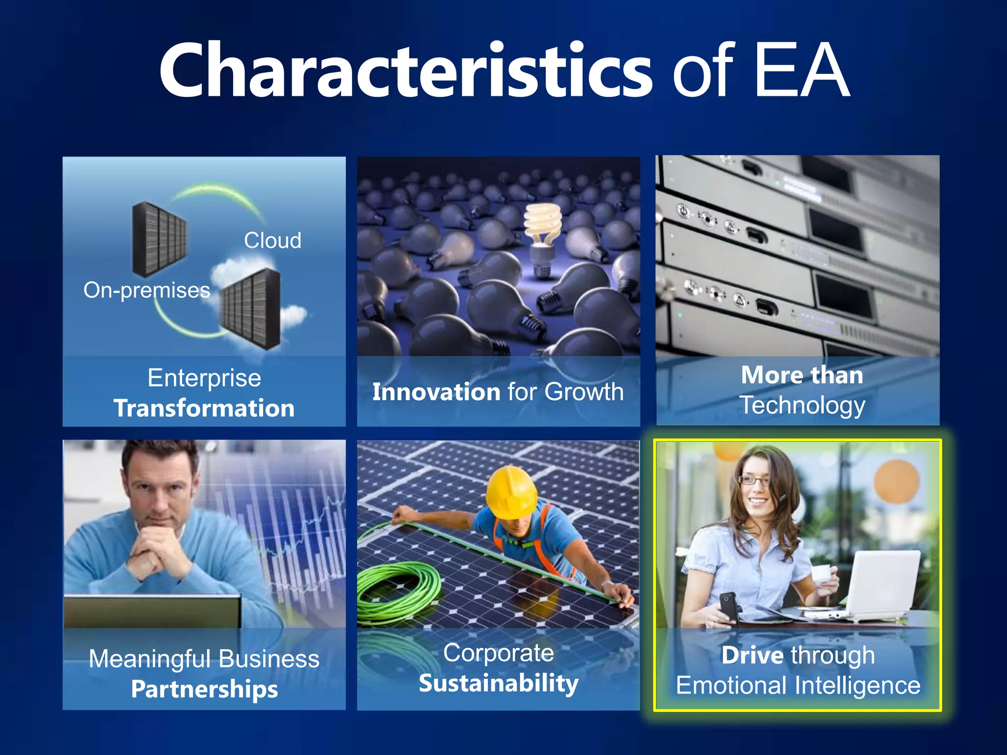 Characteristics of EA

              Cloud

On-premises


     Enterprise                                    More than
                      Innovation for Growth
  Transformation                                   Technology




Meaningful Business        Corporate             Drive through
   Partnerships          Sustainability       Emotional Intelligence
 