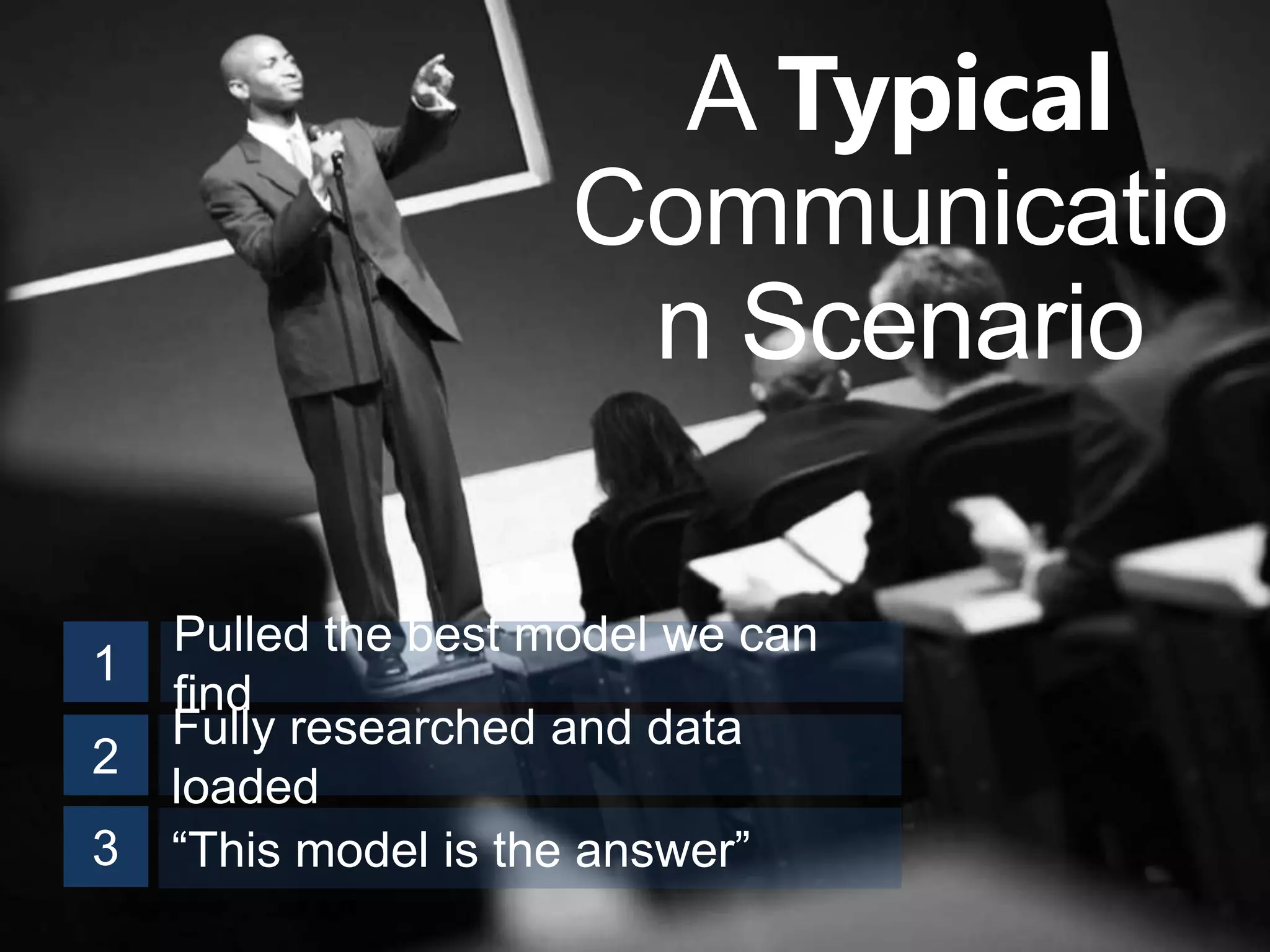 A Typical
                     Communicatio
                      n Scenario

    Pulled the best model we can
1
    find
    Fully researched and data
2
    loaded
3   “This model is the answer”
 