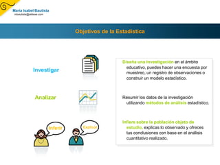María Isabel Bautista
mbautista@aldeae.com




                                 Objetivos de la Estadística




                                                   Diseña una Investigación en el ámbito
                                                     educativo, puedes hacer una encuesta por
            Investigar                               muestreo, un registro de observaciones o
                                                     construir un modelo estadístico.



              Analizar                             Resumir los datos de la investigación
                                                    utilizando métodos de análisis estadístico.



                                                   Infiere sobre la población objeto de
                       Inferir      Explicar         estudio, explicas lo observado y ofreces
                                                     tus conclusiones con base en el análisis
                                                     cuantitativo realizado.
 