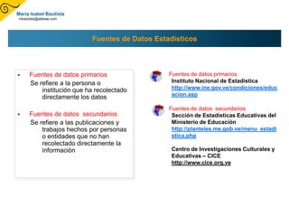 María Isabel Bautista
mbautista@aldeae.com




                          Fuentes de Datos Estadísticos



    Fuentes de datos primarios               Fuentes de datos primarios
     Se refiere a la persona o                  Instituto Nacional de Estadística
         institución que ha recolectado         http://www.ine.gov.ve/condiciones/educ
                                                acion.asp
         directamente los datos
                                              Fuentes de datos secundarios
    Fuentes de datos secundarios               Sección de Estadísticas Educativas del
     Se refiere a las publicaciones y           Ministerio de Educación
         trabajos hechos por personas           http://planteles.me.gob.ve/menu_estadi
         o entidades que no han                 stica.php
         recolectado directamente la
         información                           Centro de Investigaciones Culturales y
                                               Educativas – CICE
                                               http://www.cice.org.ve
 
