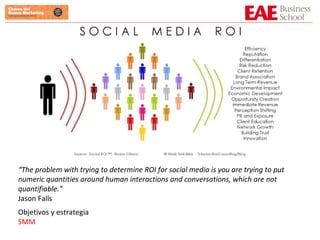 “ The problem with trying to determine ROI for social media is you are trying to put numeric quantities around human interactions and conversations, which are not quantifiable.” Jason Falls Objetivos y estrategia SMM 