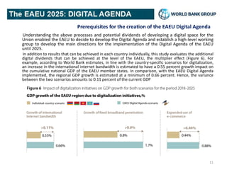 Prerequisites for the creation of the EAEU Digital Agenda
Understanding the above processes and potential dividends of developing a digital space for the
Union enabled the EAEU to decide to develop the Digital Agenda and establish a high-level working
group to develop the main directions for the implementation of the Digital Agenda of the EAEU
until 2025.
In addition to results that can be achieved in each country individually, this study evaluates the additional
digital dividends that can be achieved at the level of the EAEU, the multiplier effect (Figure 6). For
example, according to World Bank estimates, in line with the country-specific scenarios for digitalization,
an increase in the international internet bandwidth is estimated to have a 0.55 percent growth impact on
the cumulative national GDP of the EAEU member states. In comparison, with the EAEU Digital Agenda
implemented, the regional GDP growth is estimated at a minimum of 0.66 percent. Hence, the variance
between the two scenarios amounts to 0.11 percent of the current GDP
11
 