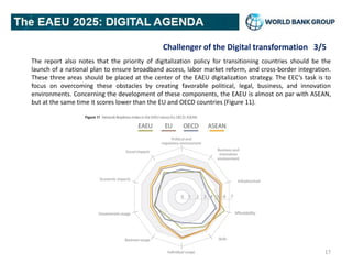 Challenger of the Digital transformation 3/5
The report also notes that the priority of digitalization policy for transitioning countries should be the
launch of a national plan to ensure broadband access, labor market reform, and cross-border integration.
These three areas should be placed at the center of the EAEU digitalization strategy. The EEC’s task is to
focus on overcoming these obstacles by creating favorable political, legal, business, and innovation
environments. Concerning the development of these components, the EAEU is almost on par with ASEAN,
but at the same time it scores lower than the EU and OECD countries (Figure 11).
17
 