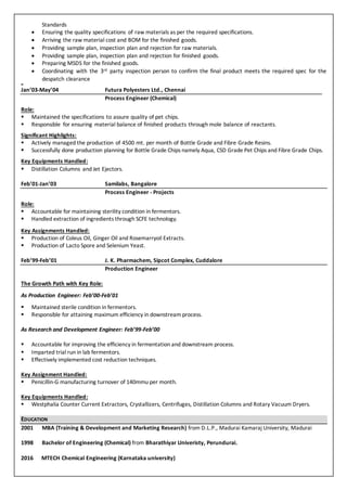 Standards
 Ensuring the quality specifications of raw materials as per the required specifications.
 Arriving the raw material cost and BOM for the finished goods.
 Providing sample plan, inspection plan and rejection for raw materials.
 Providing sample plan, inspection plan and rejection for finished goods.
 Preparing MSDS for the finished goods.
 Coordinating with the 3rd party inspection person to confirm the final product meets the required spec for the
despatch clearance
w
Jan’03-May’04 Futura Polyesters Ltd., Chennai
Process Engineer (Chemical)
Role:
 Maintained the specifications to assure quality of pet chips.
 Responsible for ensuring material balance of finished products through mole balance of reactants.
Significant Highlights:
 Actively managed the production of 4500 mt. per month of Bottle Grade and Fibre Grade Resins.
 Successfully done production planning for Bottle Grade Chips namely Aqua, CSD Grade Pet Chips and Fibre Grade Chips.
Key Equipments Handled:
 Distillation Columns and Jet Ejectors.
Feb’01-Jan’03 Samilabs, Bangalore
Process Engineer - Projects
Role:
 Accountable for maintaining sterility condition in fermentors.
 Handled extraction of ingredients through SCFE technology.
Key Assignments Handled:
 Production of Coleus Oil, Ginger Oil and Rosemarryoil Extracts.
 Production of Lacto Spore and Selenium Yeast.
Feb’99-Feb’01 J. K. Pharmachem, Sipcot Complex, Cuddalore
Production Engineer
The Growth Path with Key Role:
As Production Engineer: Feb’00-Feb’01
 Maintained sterile condition in fermentors.
 Responsible for attaining maximum efficiency in downstream process.
As Research and Development Engineer: Feb’99-Feb’00
 Accountable for improving the efficiency in fermentation and downstream process.
 Imparted trial run in lab fermentors.
 Effectively implemented cost reduction techniques.
Key Assignment Handled:
 Penicillin-G manufacturing turnover of 140mmu per month.
Key Equipments Handled:
 Westphalia Counter Current Extractors, Crystallizers, Centrifuges, Distillation Columns and Rotary Vacuum Dryers.
EDUCATION
2001 MBA (Training & Development and Marketing Research) from D.L.P., Madurai Kamaraj University, Madurai
1998 Bachelor of Engineering (Chemical) from Bharathiyar Univeristy, Perundurai.
2016 MTECH Chemical Engineering (Karnataka university)
 