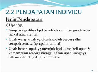 2.2 PENDAPATAN INDIVIDU
Jenis Pendapatan
1) Upah/gaji
• Ganjaran yg dibyr kpd buruh atas sumbangan tenaga
   fizikal atau mental.
• Upah wang- upah yg diterima oleh seseorg dlm
   tempoh semasa (@ upah nominal)
• Upah benar- upah yg merujuk kpd kuasa beli upah &
   kemampuan seseorg menggunakan upah wangnya
   utk membeli brg & perkhidmatan.


                                                      14
 