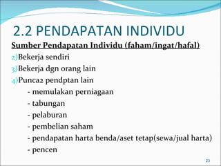 2.2 PENDAPATAN INDIVIDU
Sumber Pendapatan Individu (faham/ingat/hafal)
2)Bekerja sendiri
3) Bekerja dgn orang lain
4)Punca2 pendptan lain
     - memulakan perniagaan
     - tabungan
     - pelaburan
     - pembelian saham
     - pendapatan harta benda/aset tetap(sewa/jual harta)
     - pencen
                                                       23
 