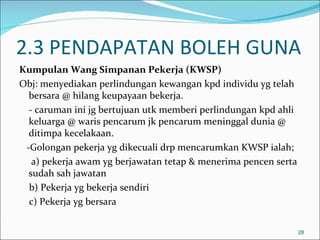 2.3 PENDAPATAN BOLEH GUNA
Kumpulan Wang Simpanan Pekerja (KWSP)
Obj: menyediakan perlindungan kewangan kpd individu yg telah
  bersara @ hilang keupayaan bekerja.
  - caruman ini jg bertujuan utk memberi perlindungan kpd ahli
  keluarga @ waris pencarum jk pencarum meninggal dunia @
  ditimpa kecelakaan.
 -Golongan pekerja yg dikecuali drp mencarumkan KWSP ialah;
   a) pekerja awam yg berjawatan tetap & menerima pencen serta
  sudah sah jawatan
  b) Pekerja yg bekerja sendiri
  c) Pekerja yg bersara


                                                                 28
 